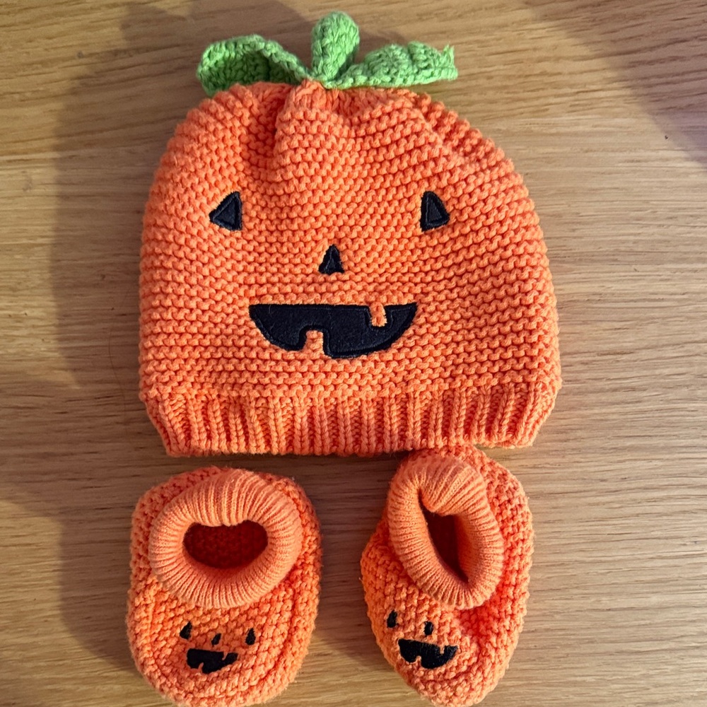 Carter's Orange Pumpkin Hat and Booties Set